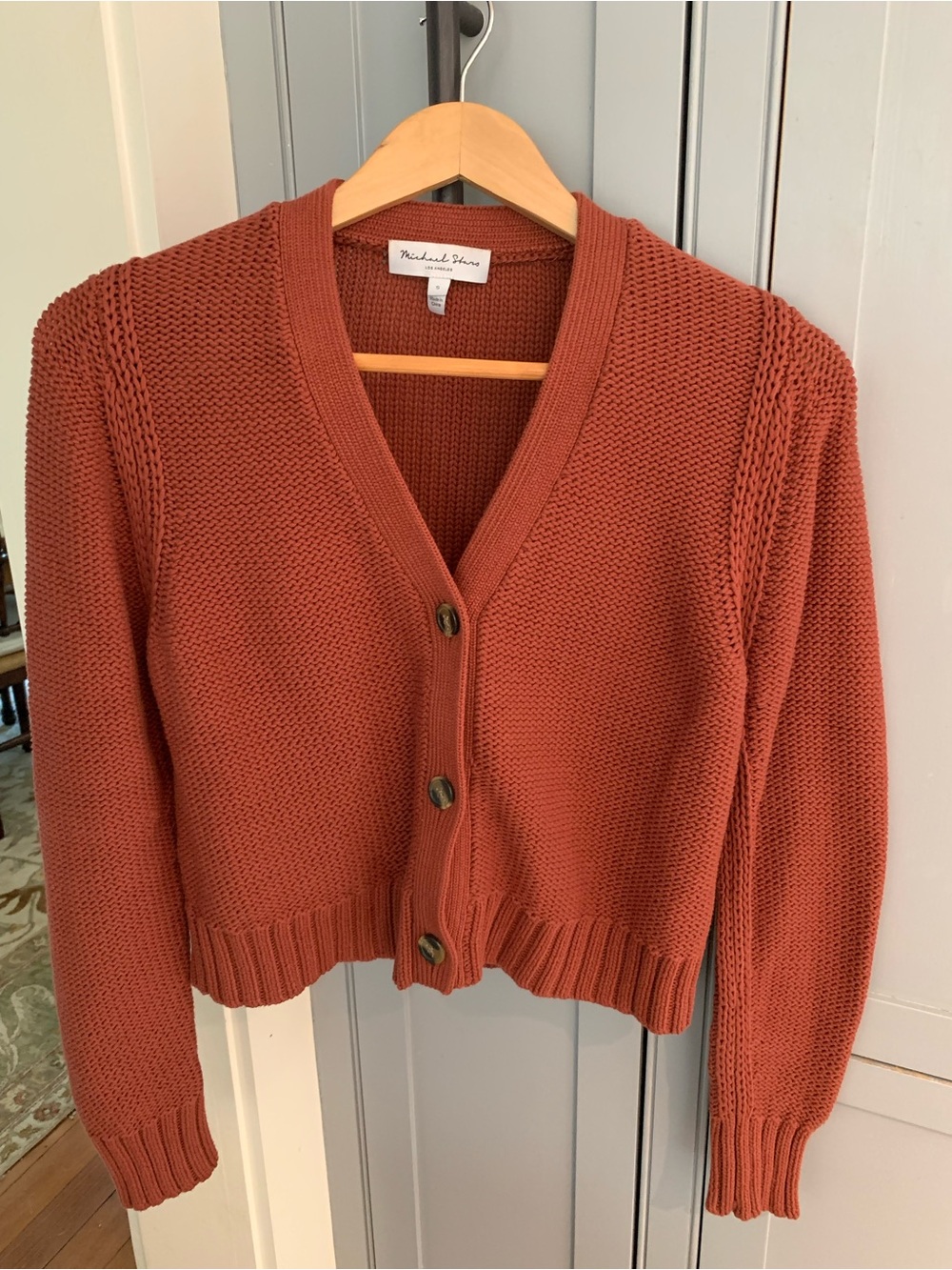 Michael Stars Rust Orange Cropped Button-Front Knit Cardigan